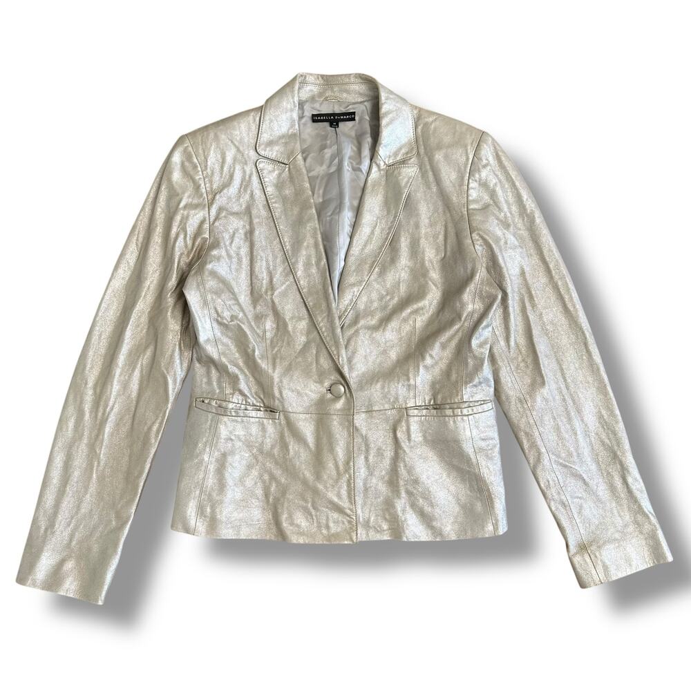 Isabella DeMarco Metallic‎ Silver Genuine Leather Blazer Jacket Size M